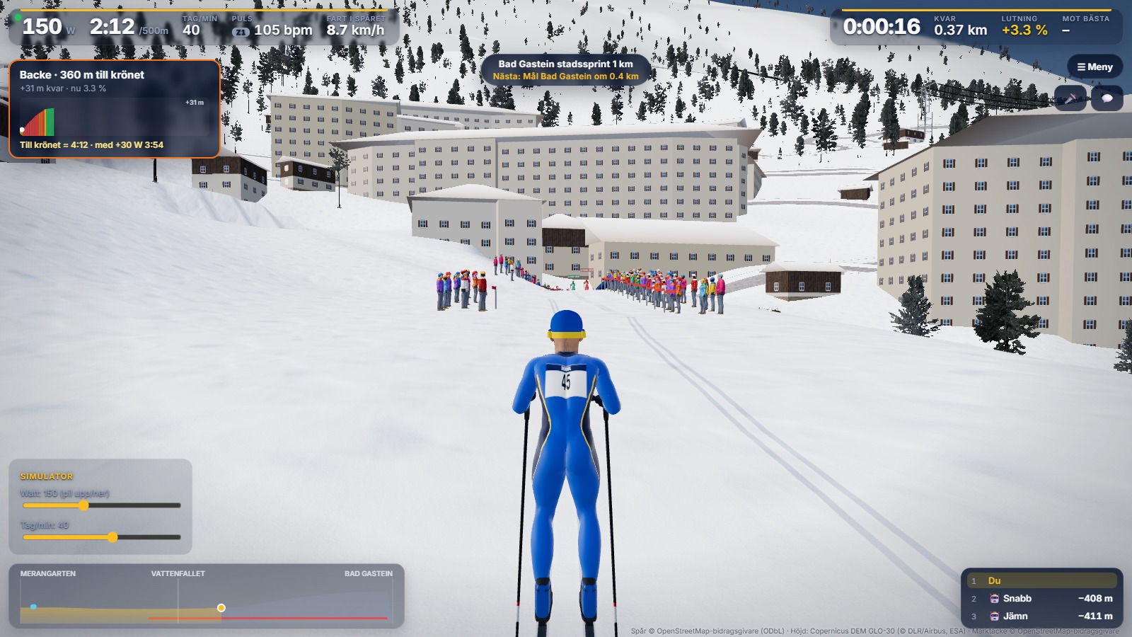 Climb into Bad Gastein with the hill panel showing the distance to the crest